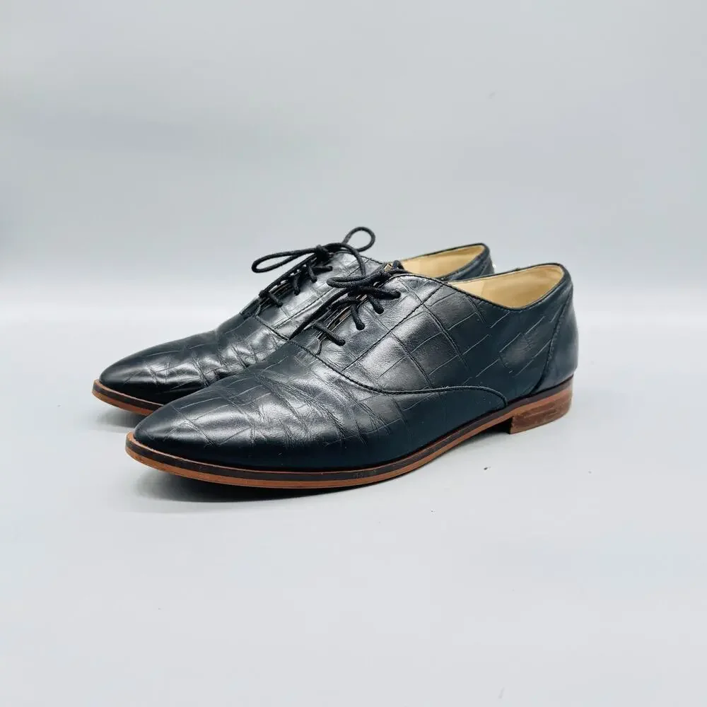Cole Haan Shoes Women 8 Black Leather Croc Embossed Oxford Flats Lace Up Classic